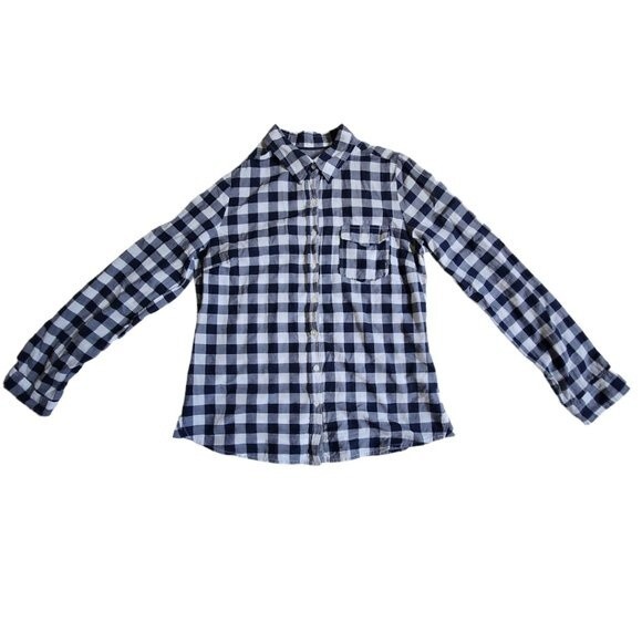 Girl Krazy navy gray white checkered button up long sleeve top sz L - Picture 1 of 12